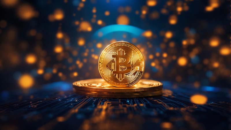 عکس بیت کوین و مدار الکترونیکی آبی