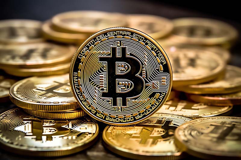 عکس یک بیت کوین ایستاده روی سکه ها