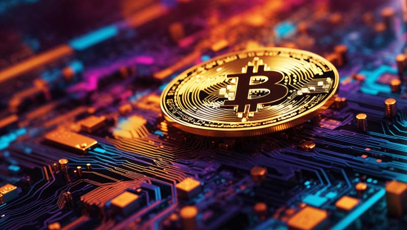 عکس یک بیت کوین روی مدار چند رنگ