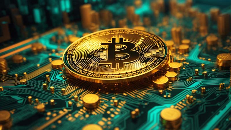 عکس بیت کوین روی مدار فیروزه ای