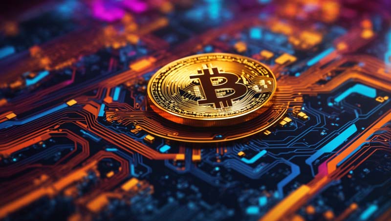 عکس زیبا از بیت کوین روی مدار با خطوط نارنجی