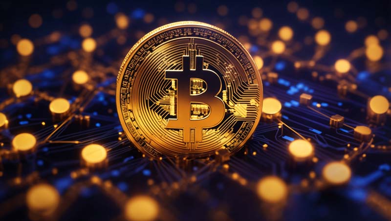 عکس بیت کوین و مدار با نور های طلایی
