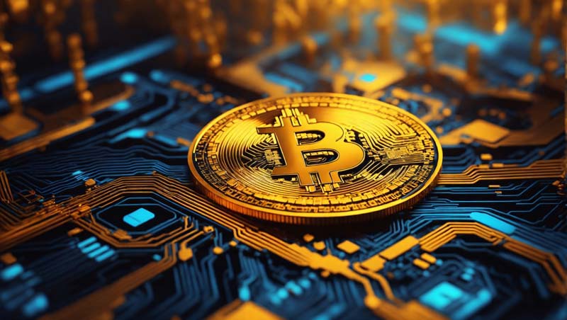 تصویر بیت کوین روی کیت آبی طلایی