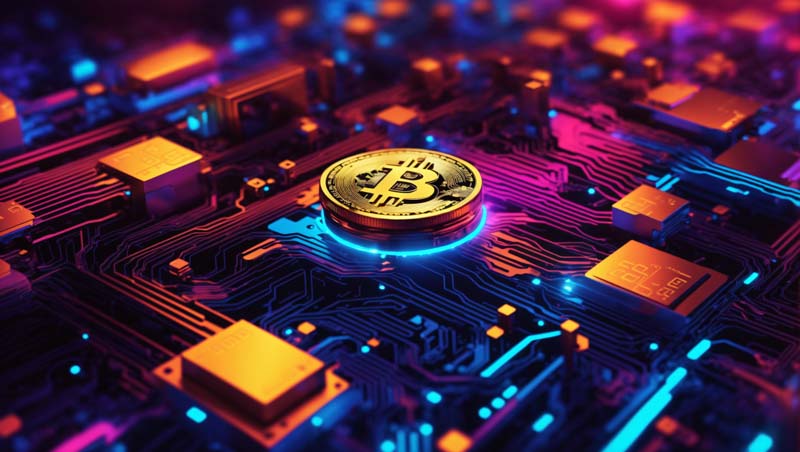 تصویر سکه بیت کوین در مرکز برد