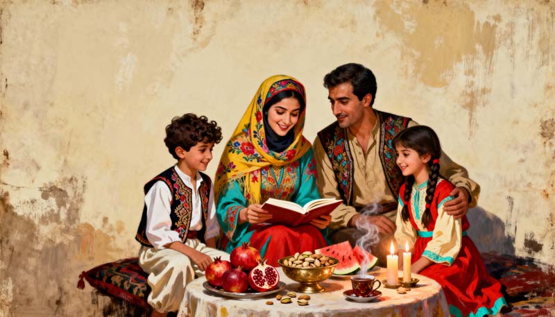 تصویر با کیفیت شب یلدا کنار خانواده 4 نفره