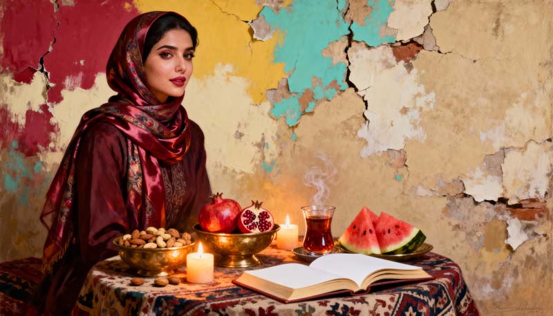 تصویر باکیفیت یلدا با لباس سنتی قرمز رنگ
