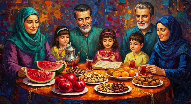 دانلود تصویر باکیفیت هنری سفره یلدا با خانواده