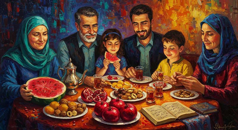 دانلود تصویر با کیفیت هنری سفره یلدا با خانواده