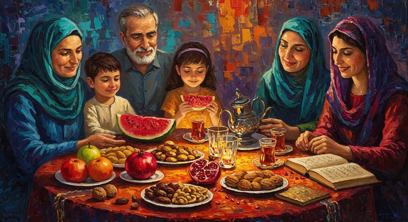 دانلود تصویر با کیفیت هنری سفره یلدا کنار خانواده