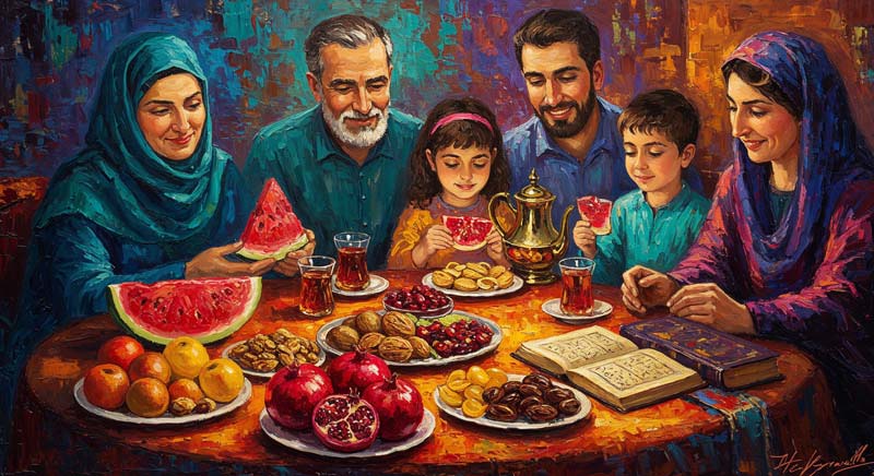 دانلود تصویر با کیفیت هنری سفره یلدا همراه خانواده