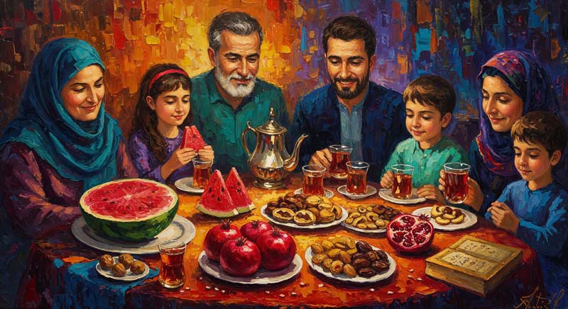 دانلود تصویر با کیفیت هنری سفره یلدا سنتی با خانواده