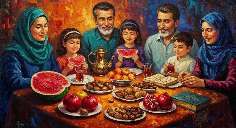دانلود تصویر با کیفیت هنری سفره یلدا با خانواده سنتی
