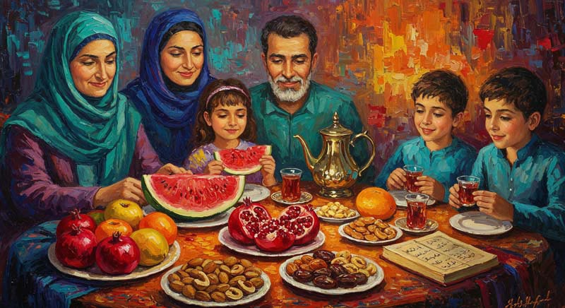 دانلود تصویر لارج فرمت هنری سفره یلدا کنار خانواده