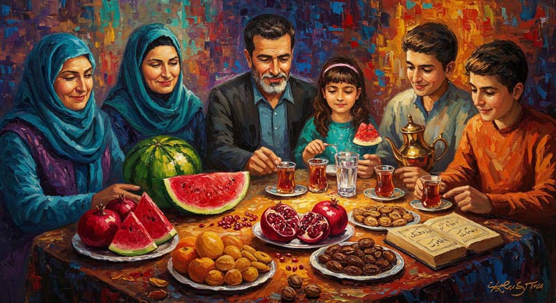 دانلود تصویر لارج فرمت هنری سفره یلدا با خانواده