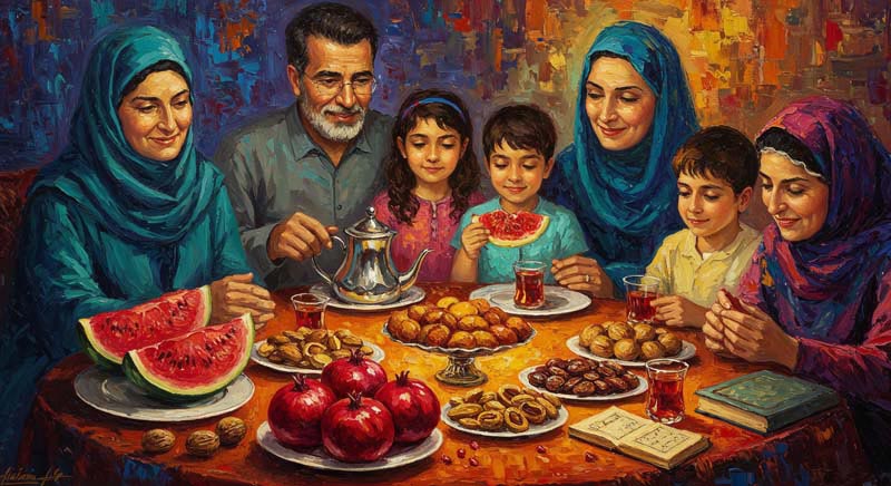 دانلود تصویر لارج فرمت هنری سفره یلدا با خانواده سنتی