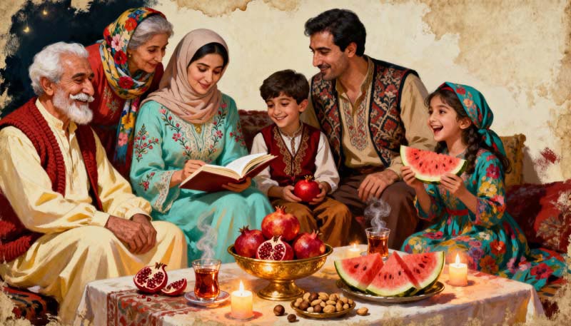دانلود تصویر نقاشی شب یلدا خانوادگی