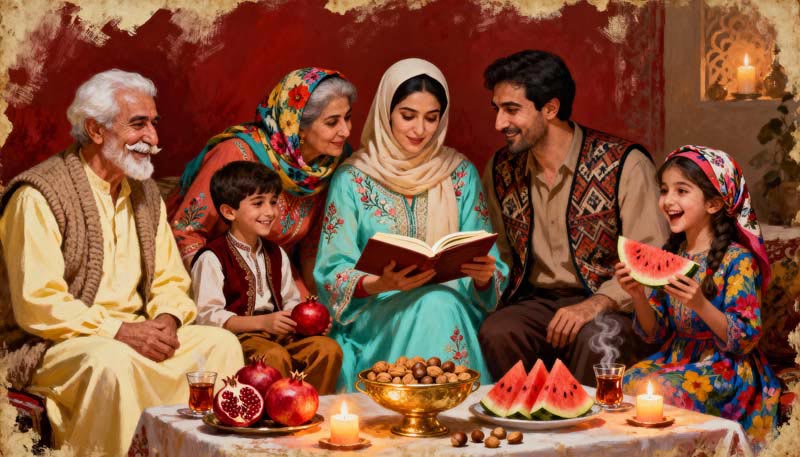 دانلود تصویر نقاشی شب یلدا با خانواده شاد
