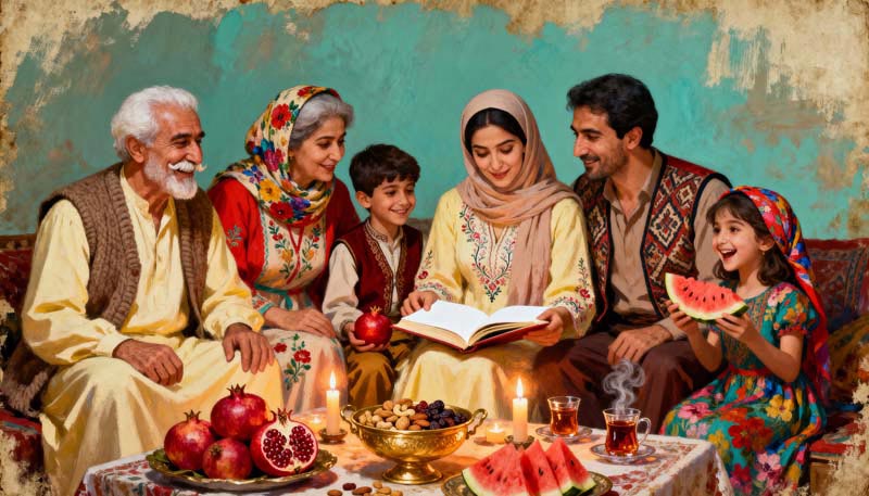 دانلود تصویر نقاشی شب یلدای خانوادگی