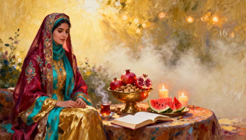 دانلود تصویر باکیفیت نقاشی شب یلدا با خانم زیبا