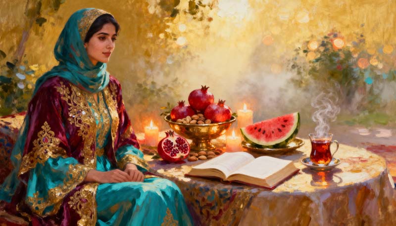 دانلود تصویر باکیفیت نقاشی شب یلدا و خانم زیبا