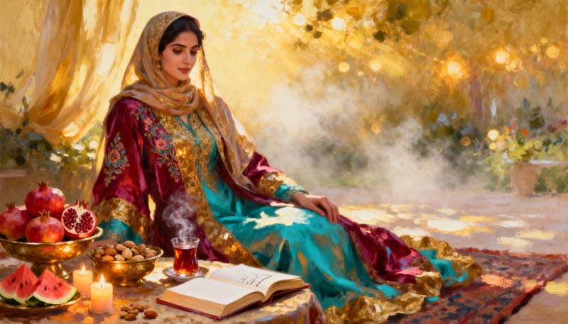 دانلود تصویر باکیفیت نقاشی شب یلدا با دختر زیبا
