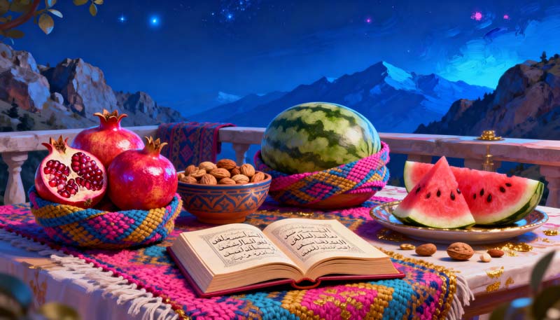دانلود تصویر با کیفیت نقاشی جشن یلدا در شب تاریک
