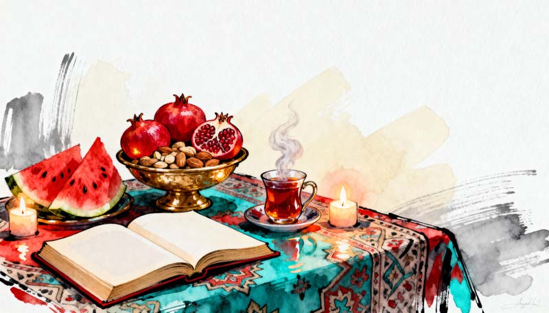 دانلود تصویر با کیفیت نقاشی سفره یلدا تزئین شده