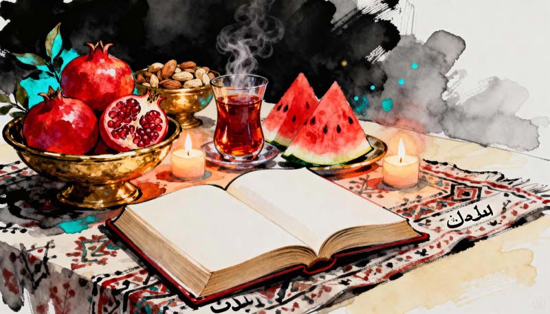 دانلود تصویر گرافیکی نقاشی سفره یلدا تزئین شده