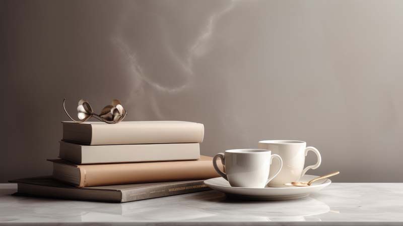 تصویر لارج فرمت از کتابها و دو فنجان قهوه