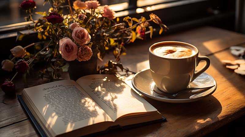 تصویر لارج فرمت از کتاب و گل رز و قهوه