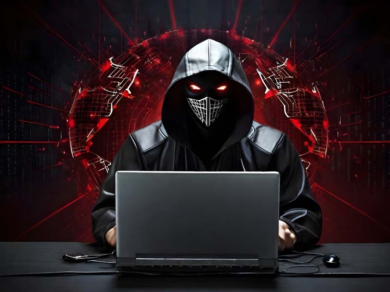 تصویر با کیفیت هکر سایبری با چشمان سرخ
