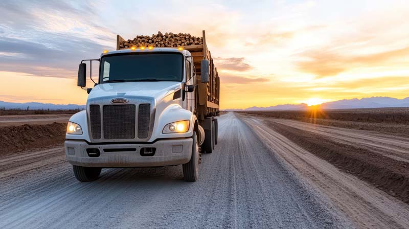 تصویر از کامیون سفید حامل چوب