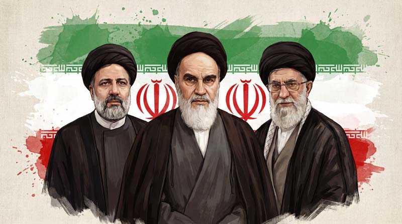 تصویر حضرت خمینی و حضرت خامنه ای و ابراهیم رئیسی با پرچم ایران