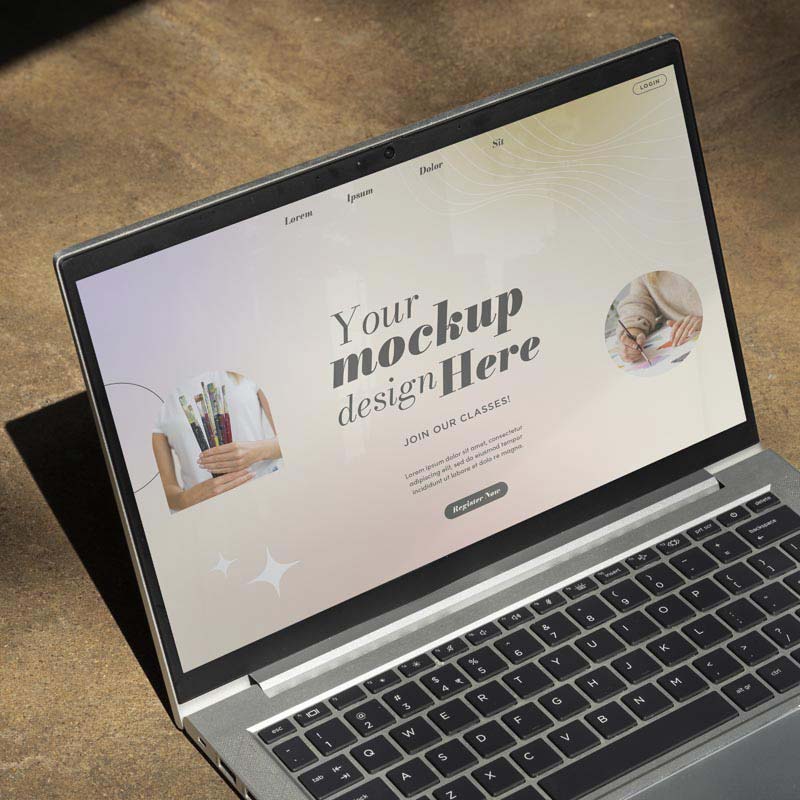 طرح موکاپ لایه باز لپ تاپ باز با صفحه وب