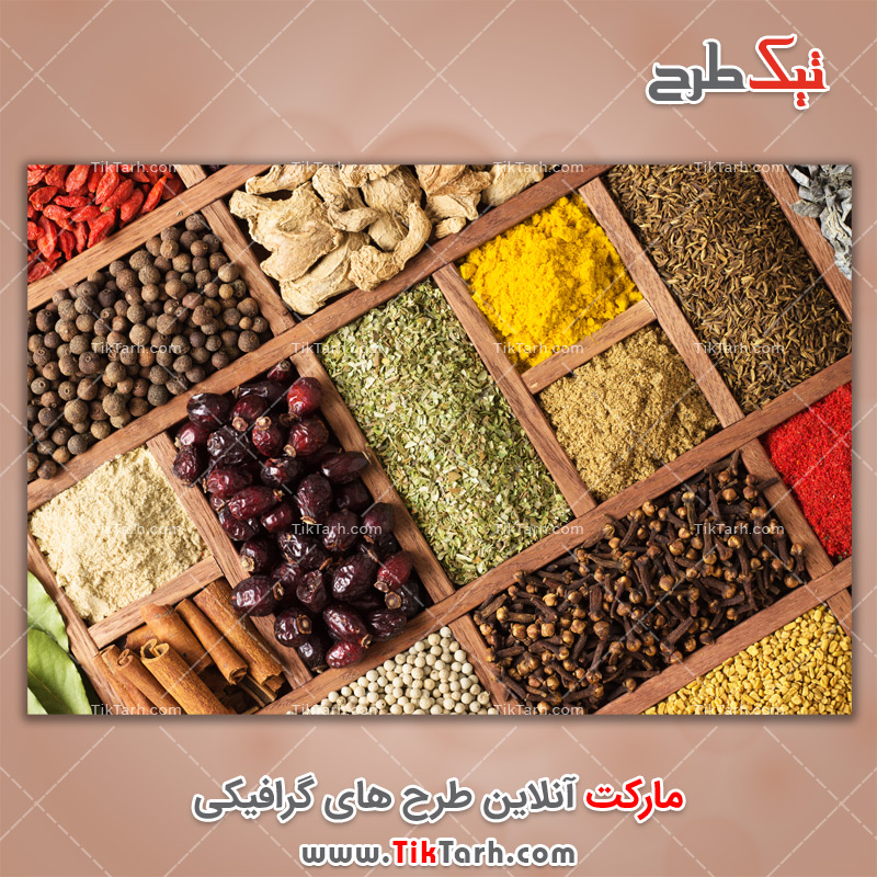 دانلود تصویر با کیفیت انواع ادویه در جعبه چوبی