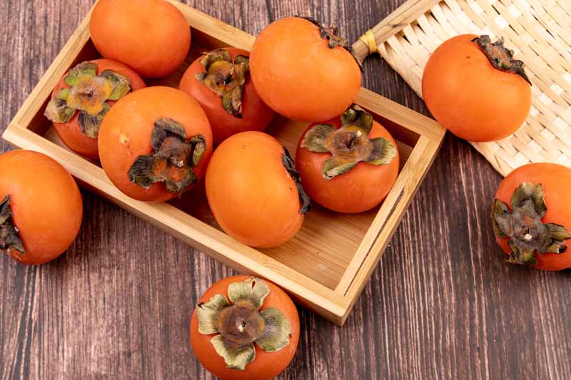 دانلود تصویر خرمالوهای نارنجی و ظرف چوبی