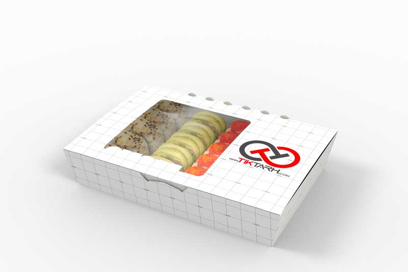طرح موکاپ جعبه شیرینی با در تلقی