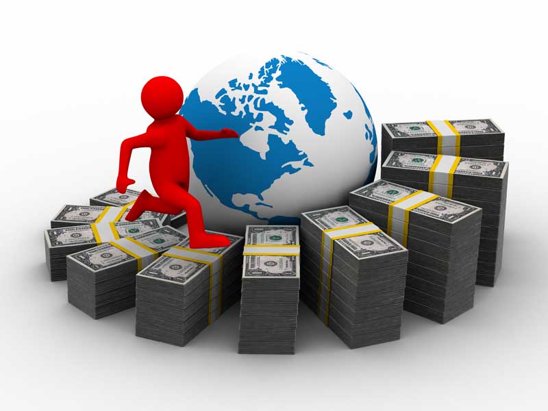 دانلود تصویر با کیفیت بالا رفتن آدمک قرمز رنگ روی بسته های دلار