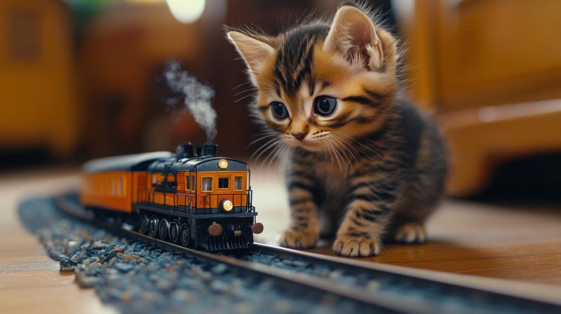 تصویر با کیفیت قطار اسباب بازی و گربه